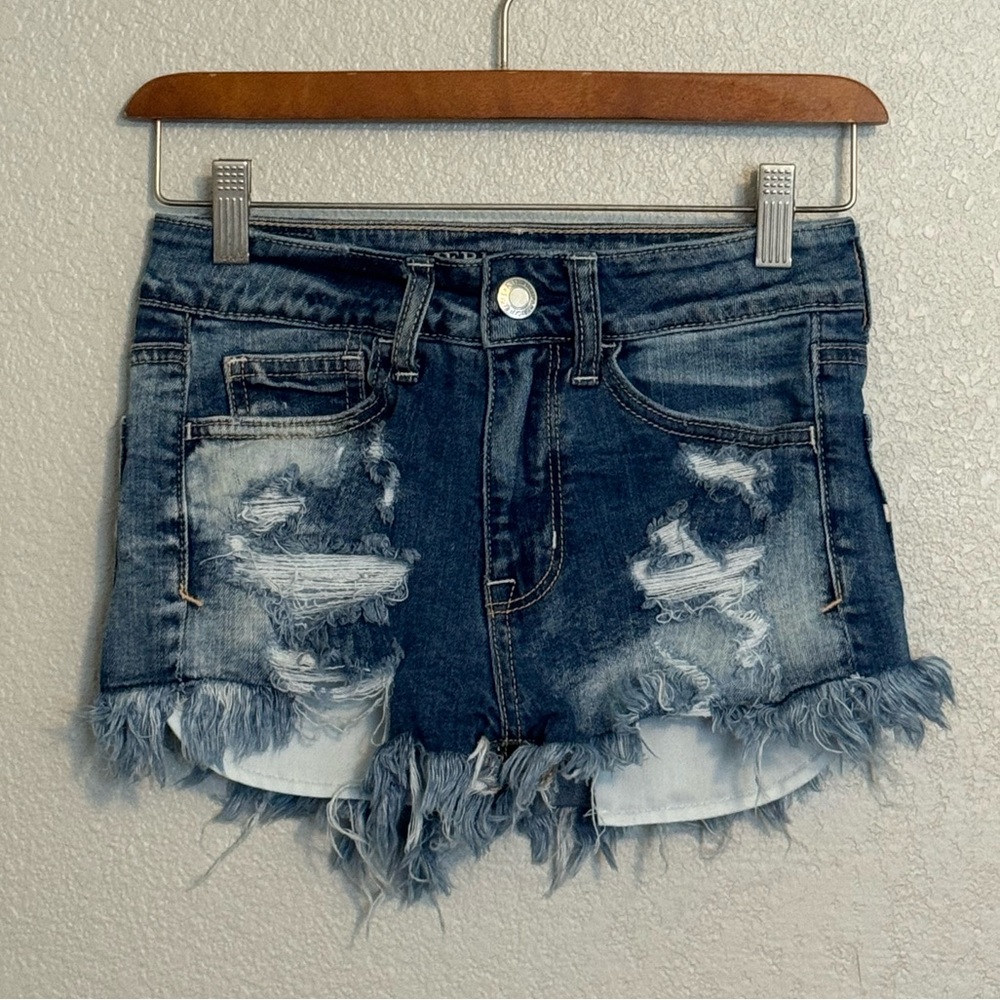 American Eagle Outfitters Blue Distressed Stretch Hi Rise Shortie